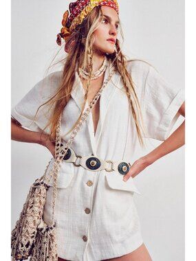 Free People M Without Trying Short Sleeve Pockets Blazer Tunic in Cream Ivory